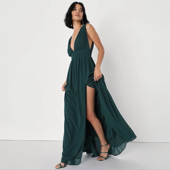 Lulus Plunge V Neck Forest Green Maxi Dress With Leg Slit Size Large - Picture 1 of 14
